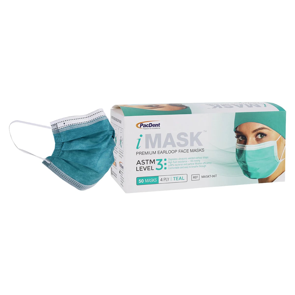 iMask Premium Earloop Face Mask, ASTM Level 3, Teal, 50/Box