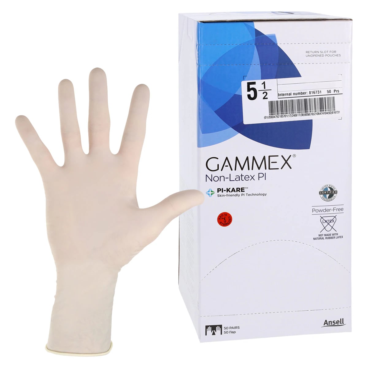 GAMMEX Non-Latex PI White Polyisoprene Surgical Gloves, Size 5.5, Sterile, Powder Free, 50 Pairs/Box