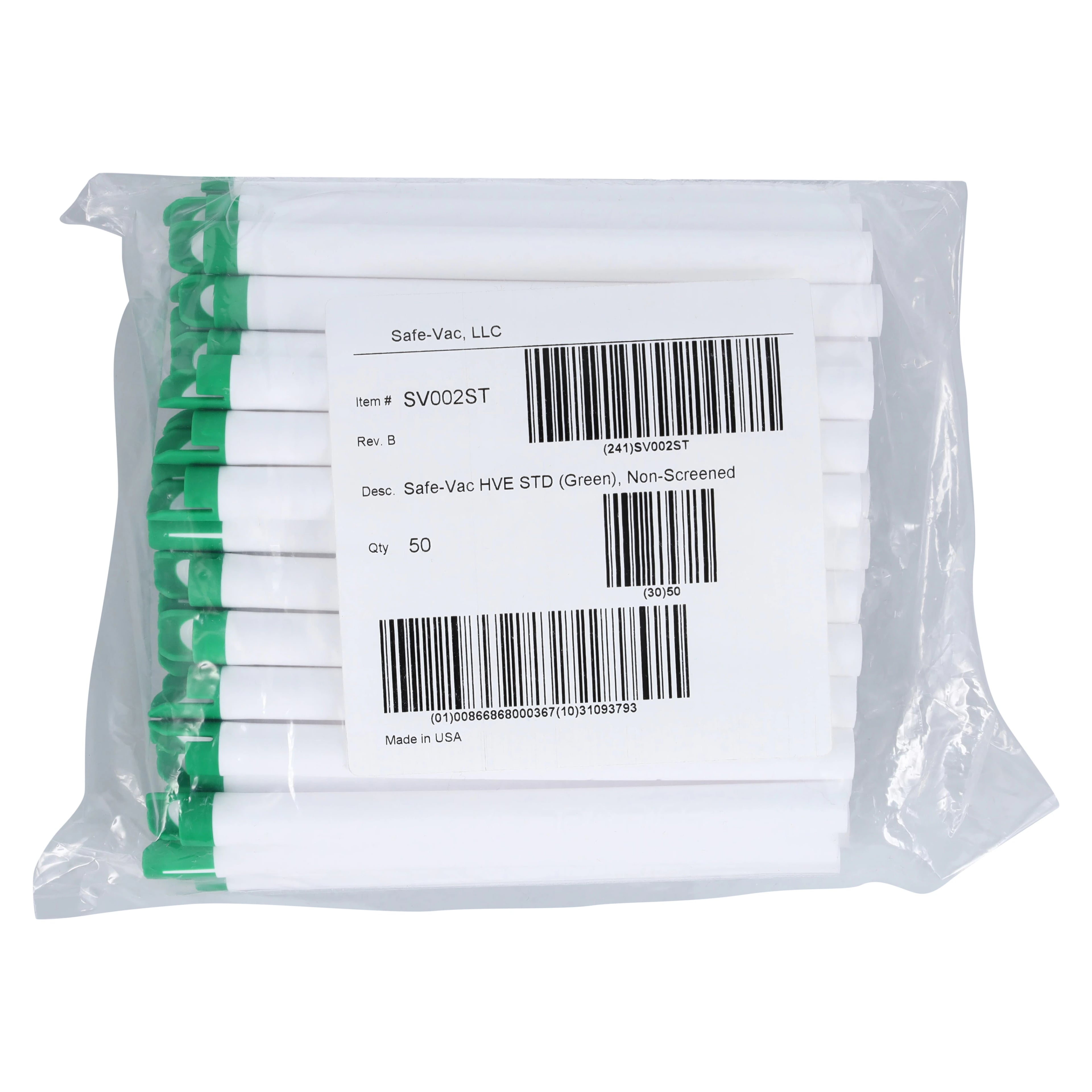 Safe-Vac Standard Green HVE Tip, Disposable, Non-Latex, 50/Pack, SV002ST