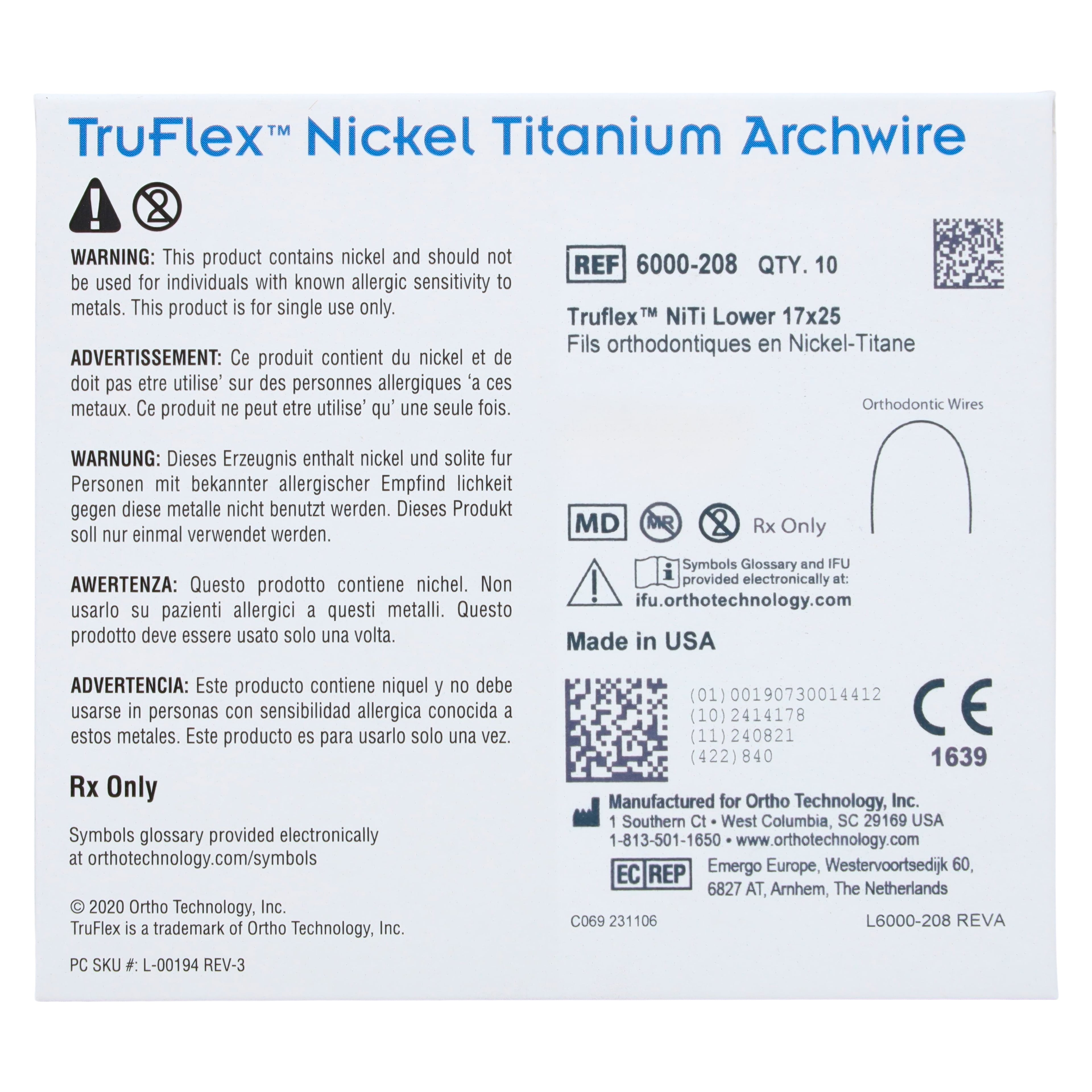 TruFlex Nickel Titanium Full Form Rectangle Etched Archwire, Lower, 0.017" x 0.025", 10/Pkg, 6000-208