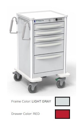 Waterloo Healthcare Slim Med Jr Medical Cart, 5 Drawers, Aluminum, Red Key, 24.5x23x24.5"