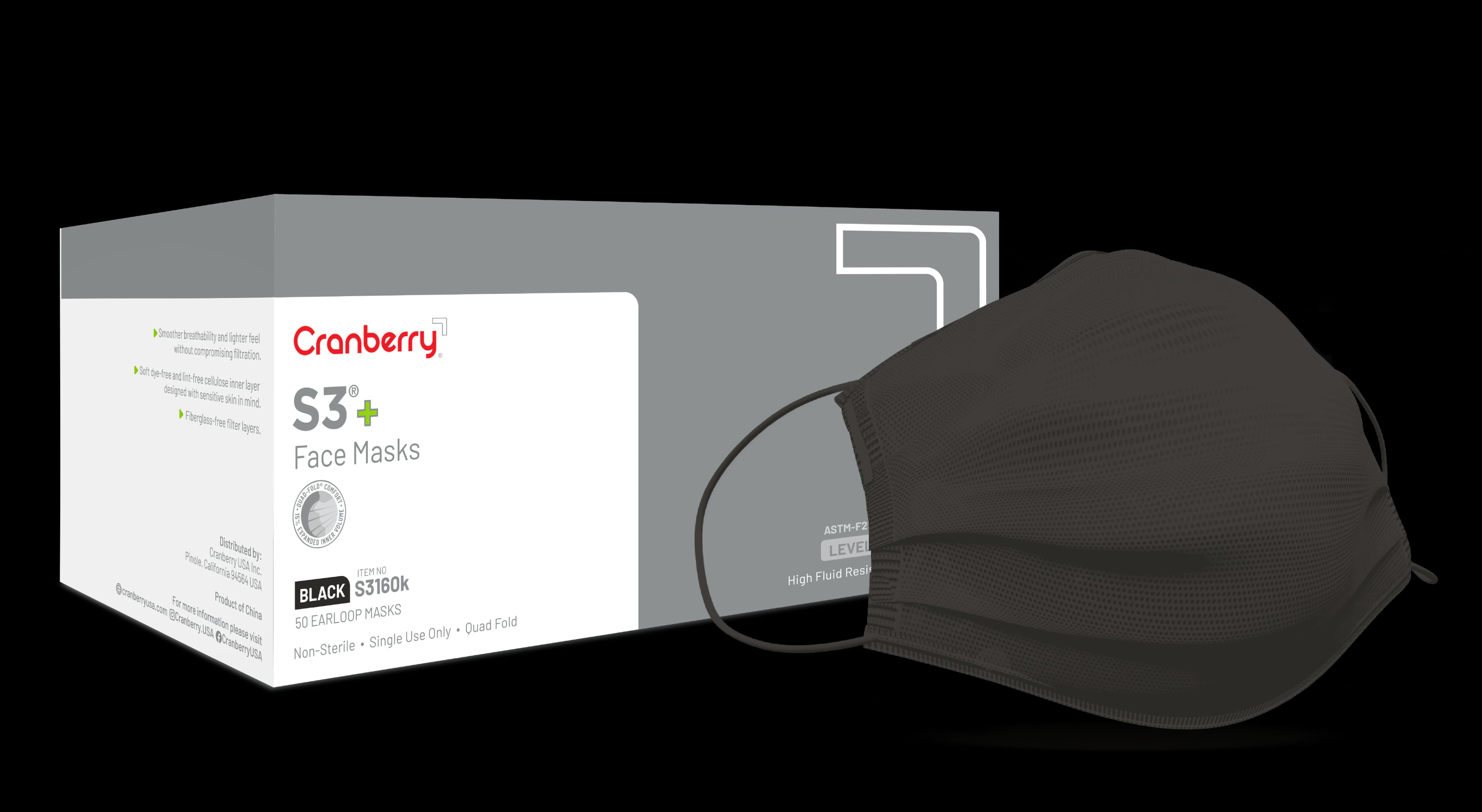 Cranberry S3+ ASTM Level 3 Procedure Face Mask, Black, 50/Box, S3160K
