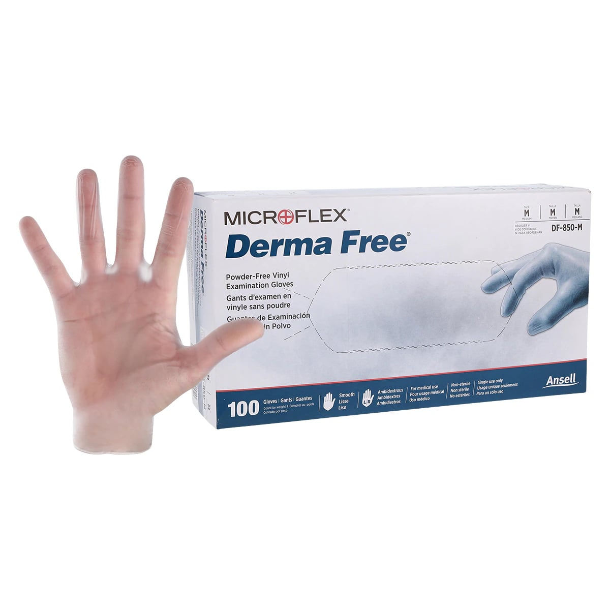 Microflex Derma Free DF-850 Powder-Free Vinyl Exam Gloves, Medium, Clear, Non-Sterile, Latex-Free, 100/Bx