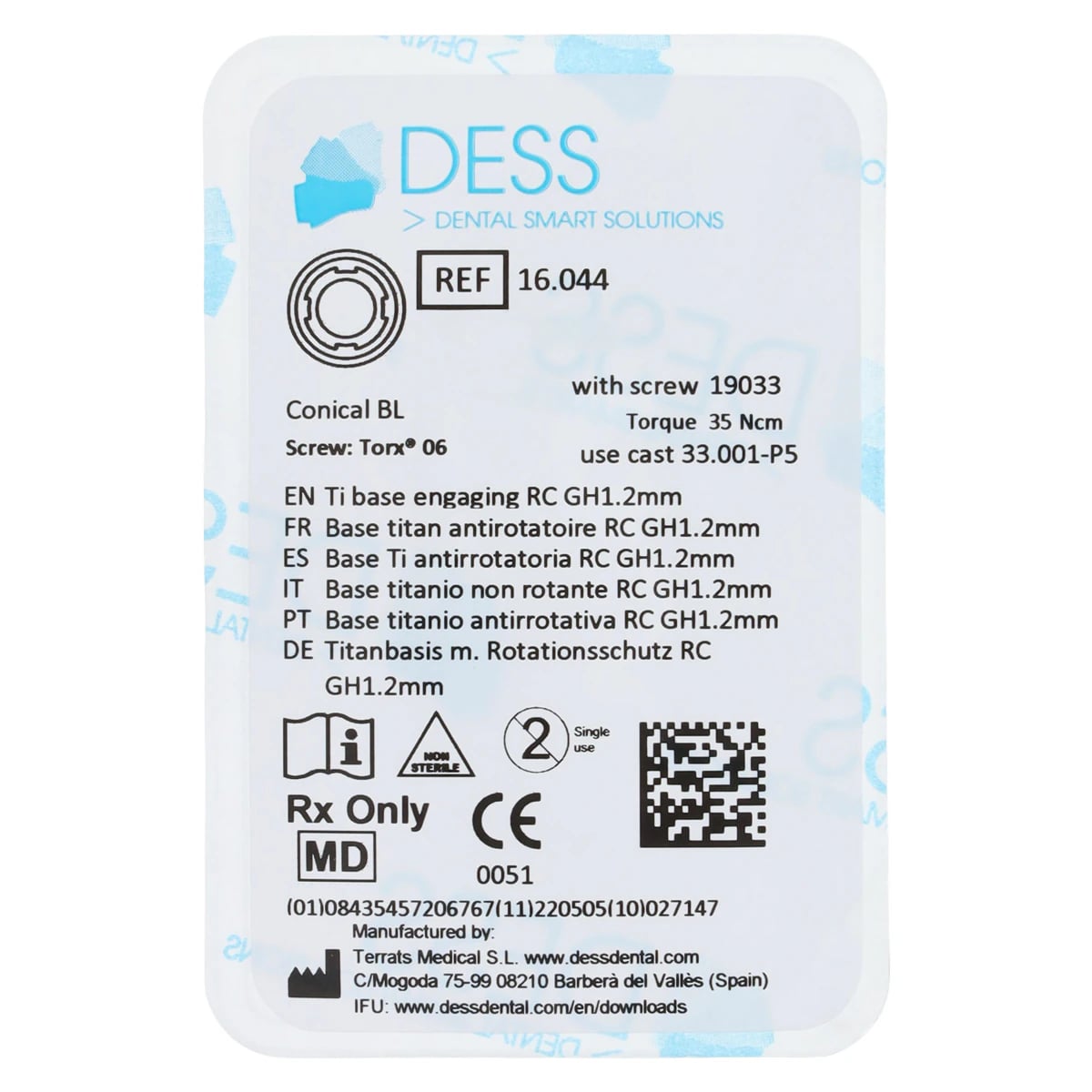 Dess TiBase Engaging Titanium Base for Straumann Bone Level, RC 4.1/4.8, 1mm, Each