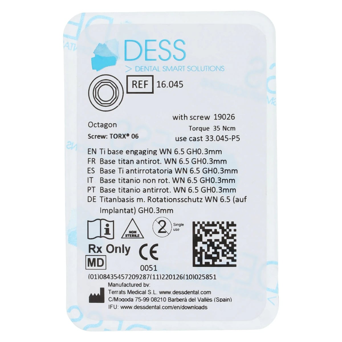 DESS TiBase Engaging Titanium Base, Straumann Tissue Level, Internal Octagon, 4.8/6.5mm, WN, Each