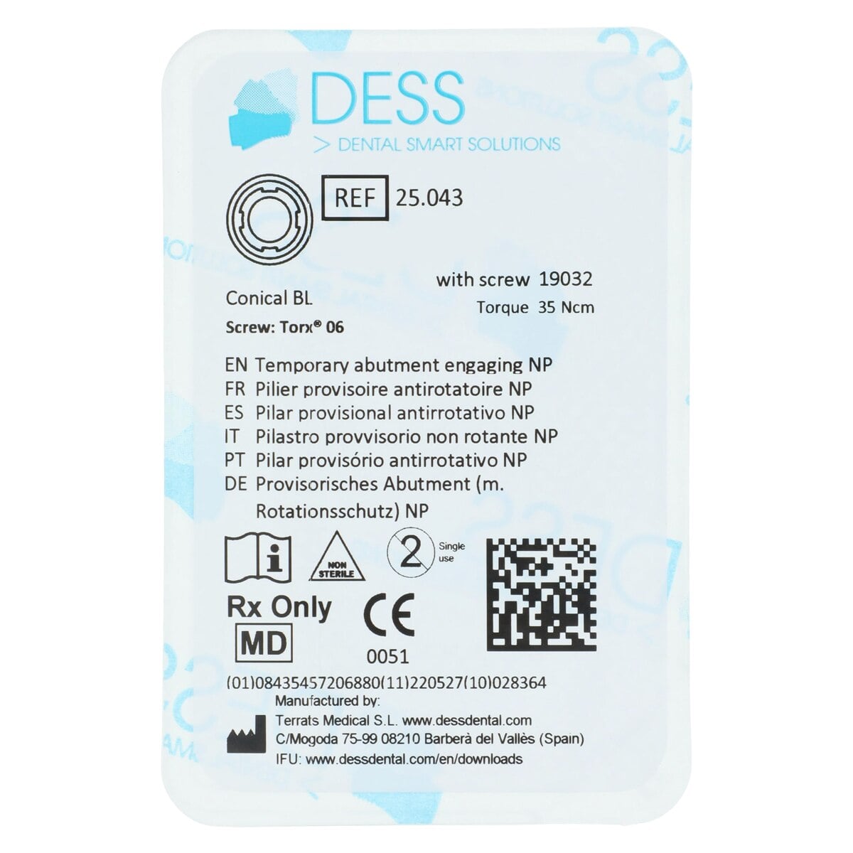 DESS Temporary Abutment Engaging NP - Conical Bone Level, Straumann 3.3, Titanium, Each