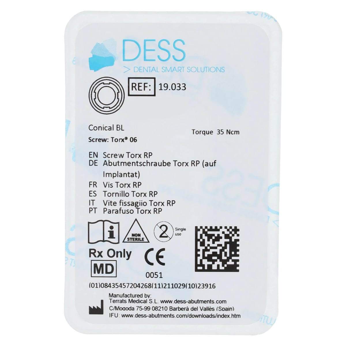 DESS Screw RC Torx - Conical Bone Level, Final Screw 4.1/4.8 for Straumann Bone Level, Each