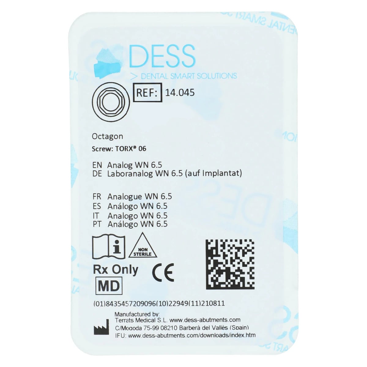 DESS Analog WN 6.5 on Implant - Octagon, No Anodized, Straumann Tissue Level, 4.8/6.5, 1 Each