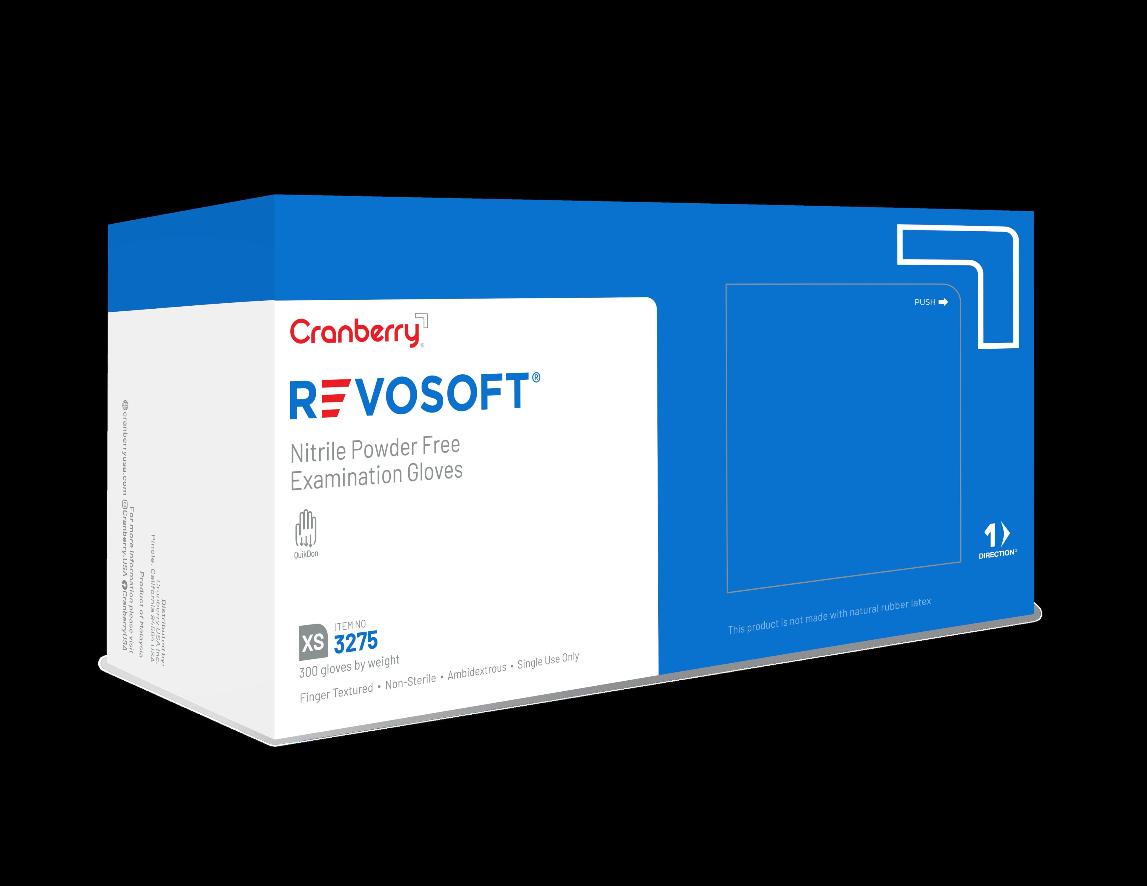Cranberry RevoSoft Nitrile Exam Gloves, Powder Free, Latex Free, Non-Sterile, Large, Blue, Fingertip Textured, 300/Box, CR3278