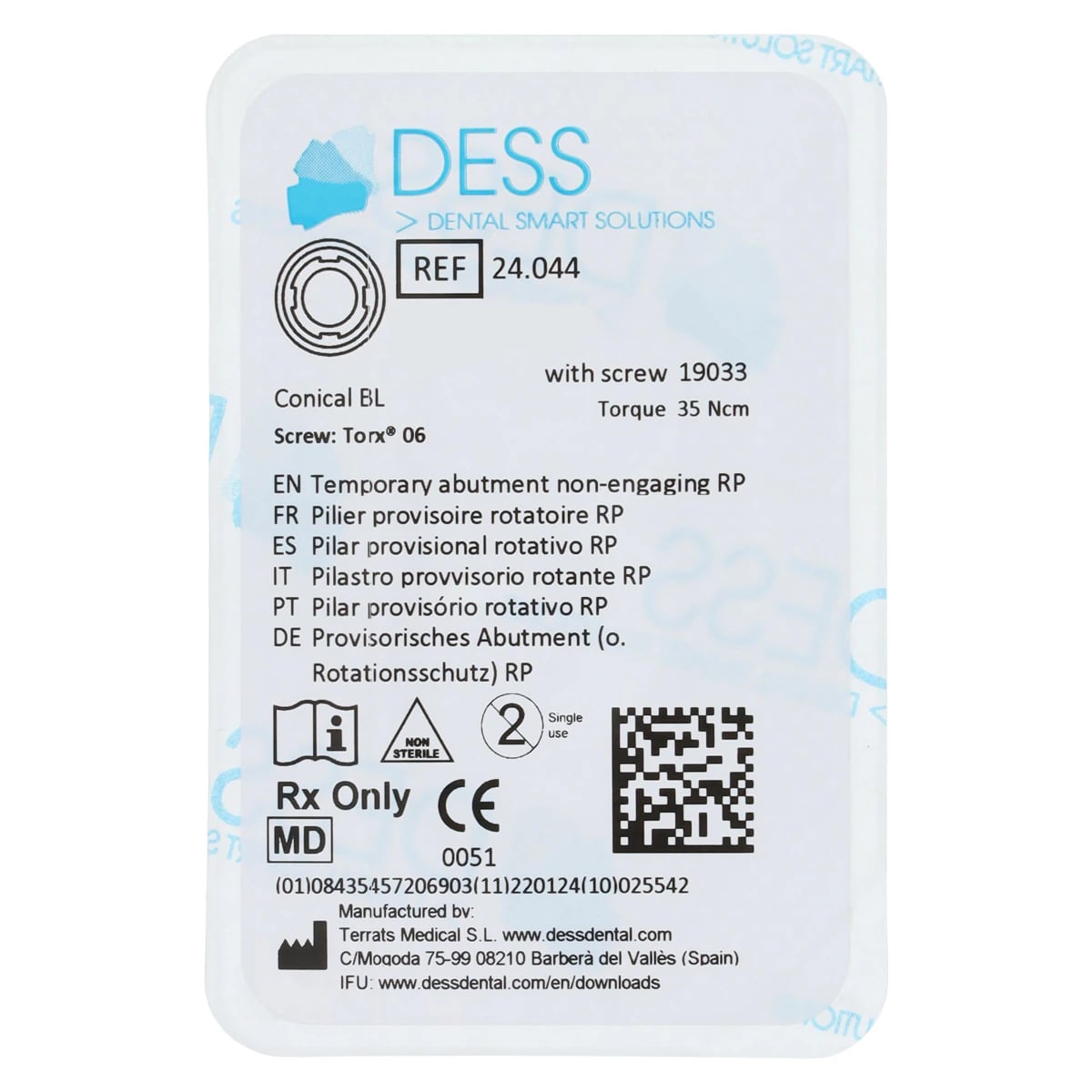 DESS Temporary Abutment Non-Engaging RP - Conical Bone Level, Straumann 4.1/4.8, Titanium, Each