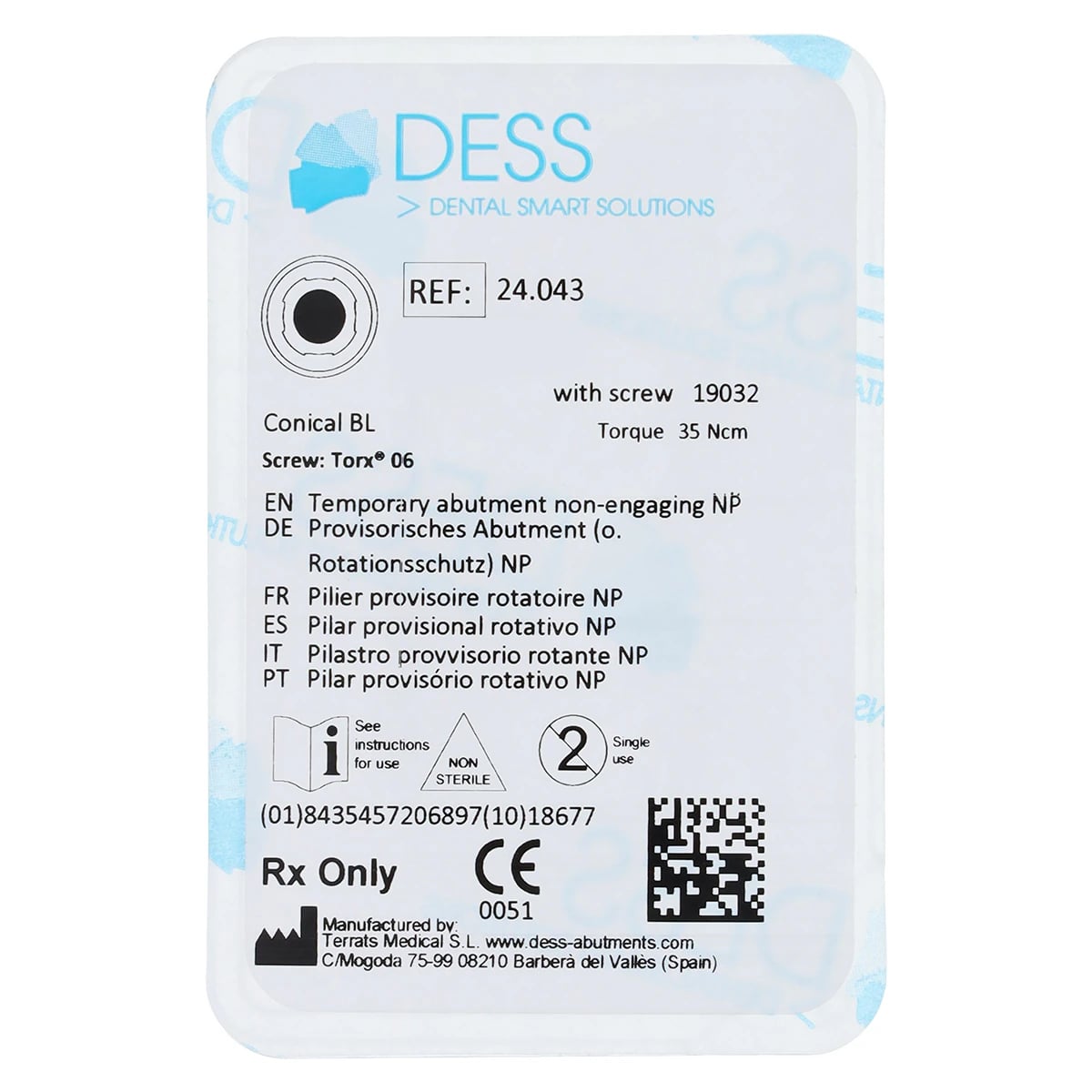 DESS Temporary Abutment Non-Engaging NP - Conical Bone Level, Titanium, 3.3mm, Straumann Compatible, 1 Each