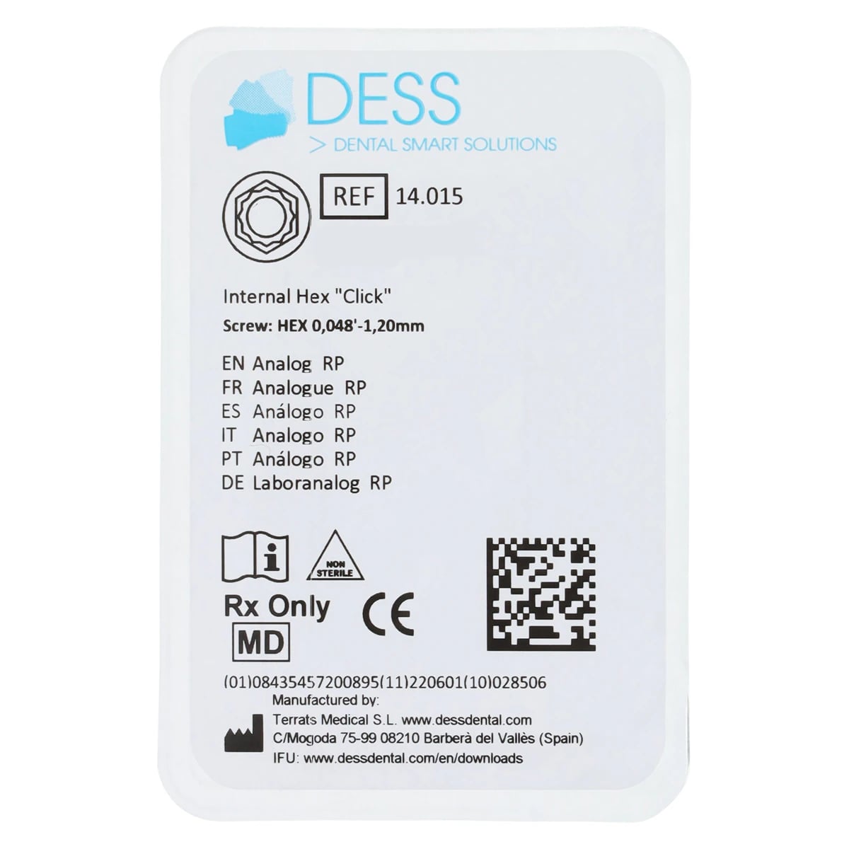 DESS Analog RP - Internal Hex "Click" Anodized Blue, 3i Biomet Certain 4.1, Each