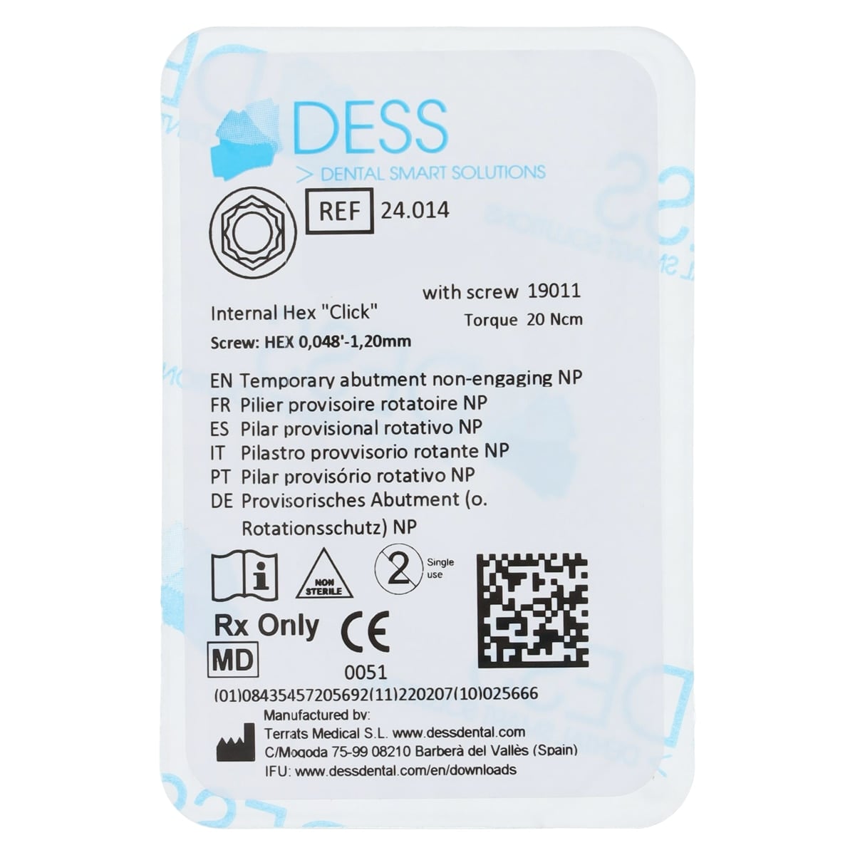 DESS Temporary Abutment Non-Engaging NP, Internal Hex Click, 3.4mm, for 3i Biomet Certain, Each