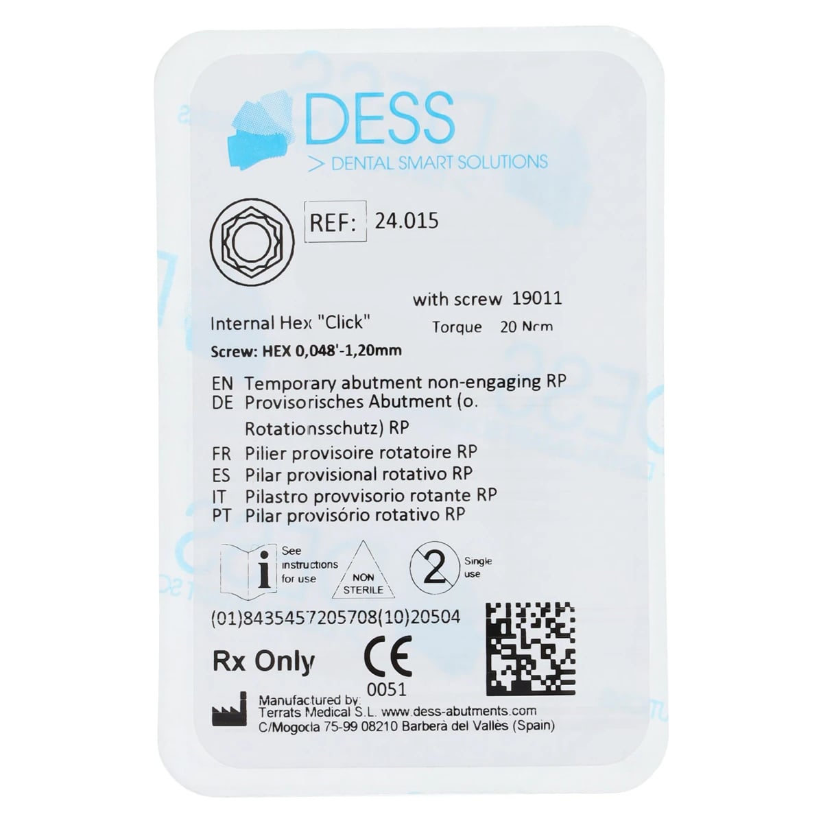 Dess Temporary Abutment Non-Engaging RP, Internal Hex Click, 3i 4.1, Titanium, Each