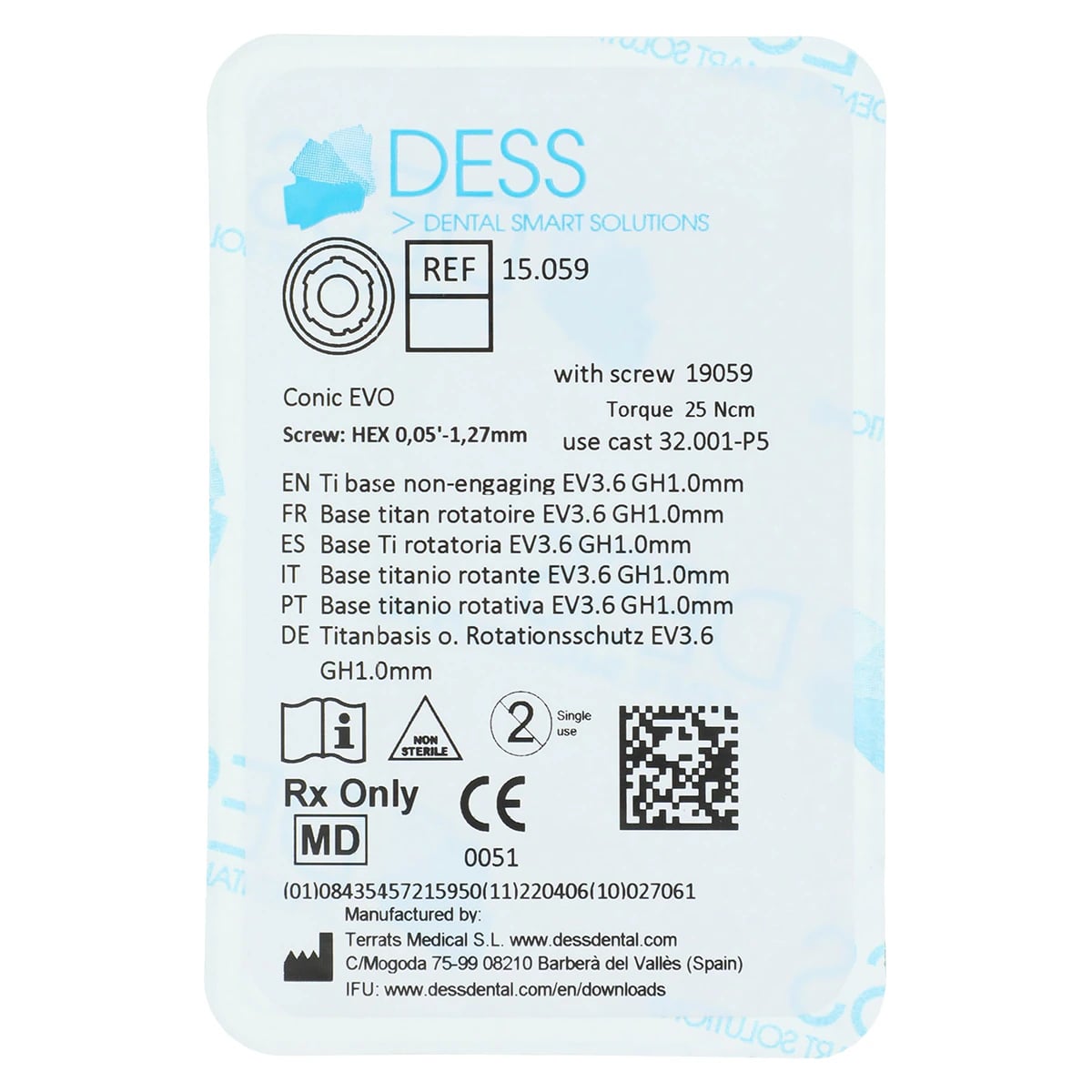 DESS TiBase EV 3.6 Non-Engaging Titanium Base, Astra EV, 1.0mm Gingival Height, Conic Evo