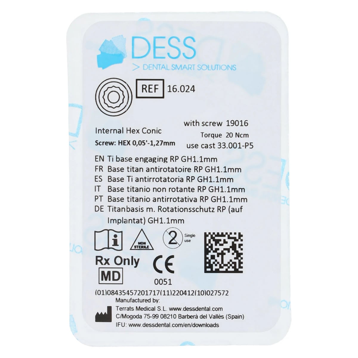 Dess TiBase Engaging Titanium Base for Astra OsseoSpeed, 3.5/4.0, 1mm, Each