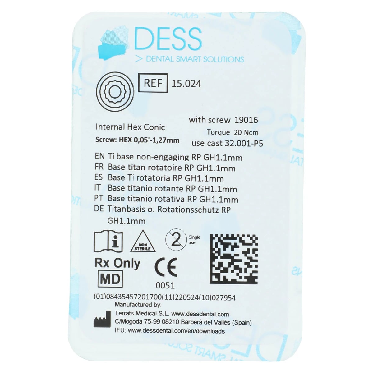 DESS Ti Base Non-Engaging RP 3.5-4.0mm GH1.1mm - Internal Hex Conic (Astra Osseospeed)