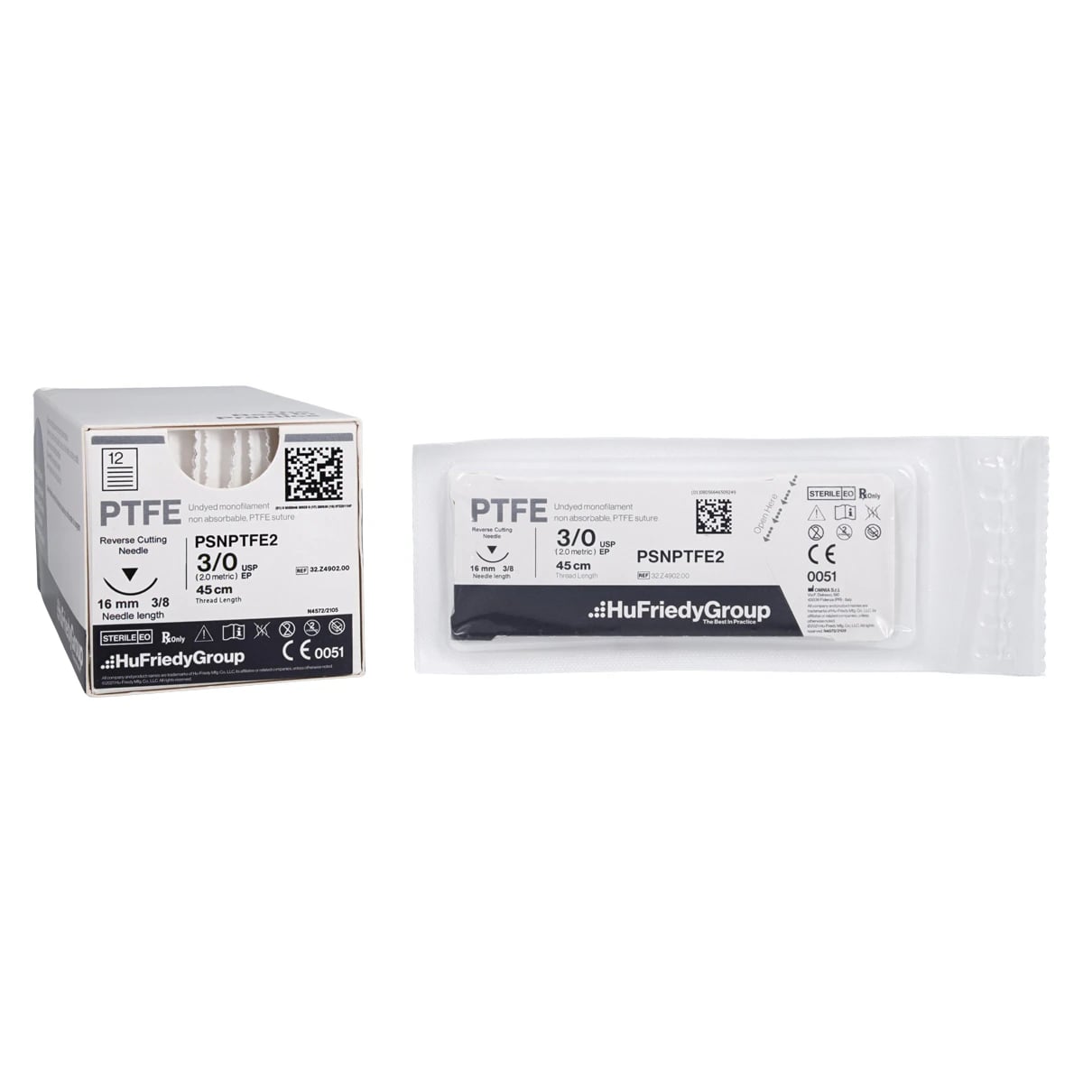 Hu-Friedy Perma Sharp PTFE Monofilament Suture, 3-0, White, 18" (45cm), C-22 3/8 Circle Reverse Cutting Needle, 12/Box, PSNPTFE2