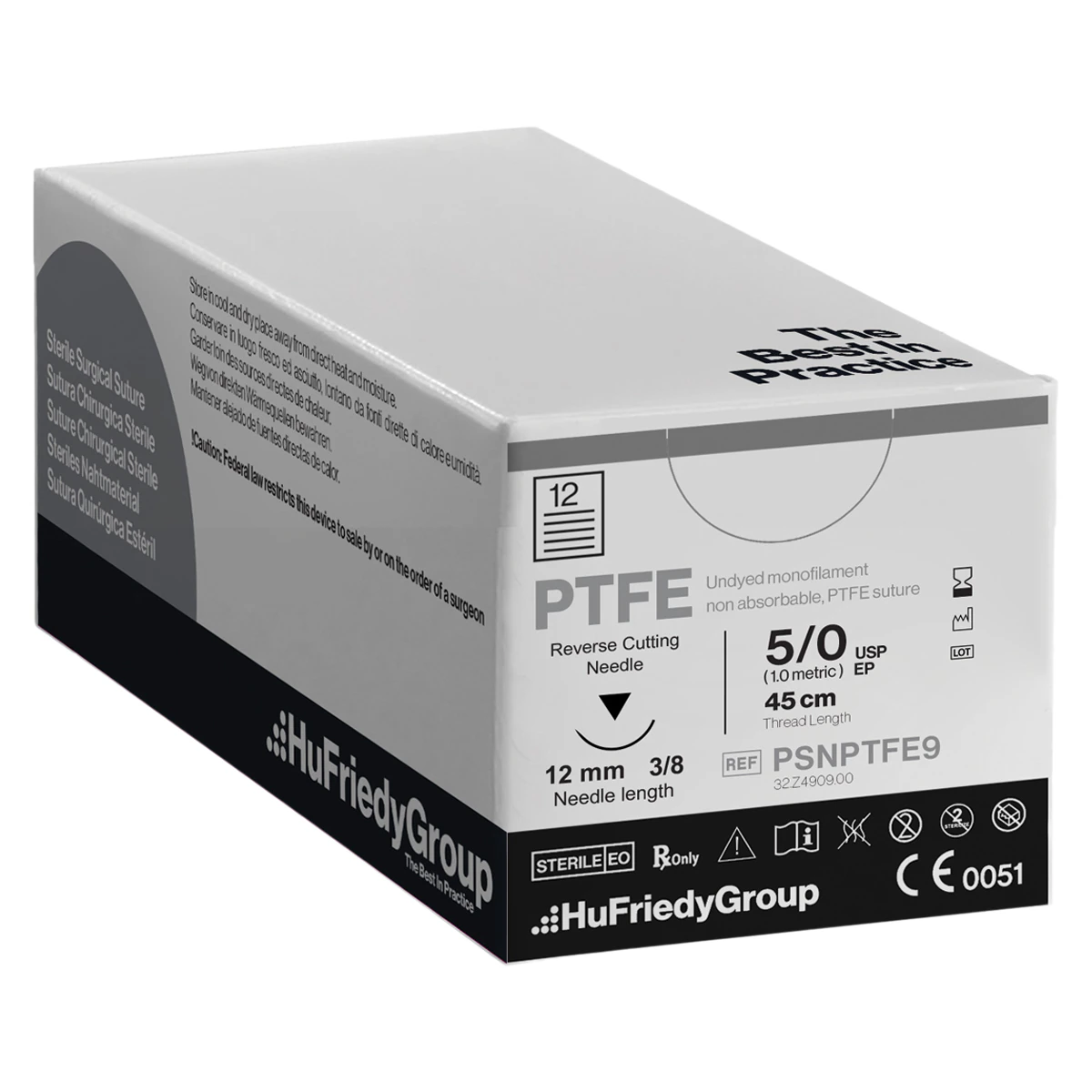 Hu-Friedy Perma Sharp PTFE Monofilament Suture, 5-0, White, 18" (45cm), C-17 3/8 Circle Reverse Cutting Needle, 12/Box, PSNPTFE9