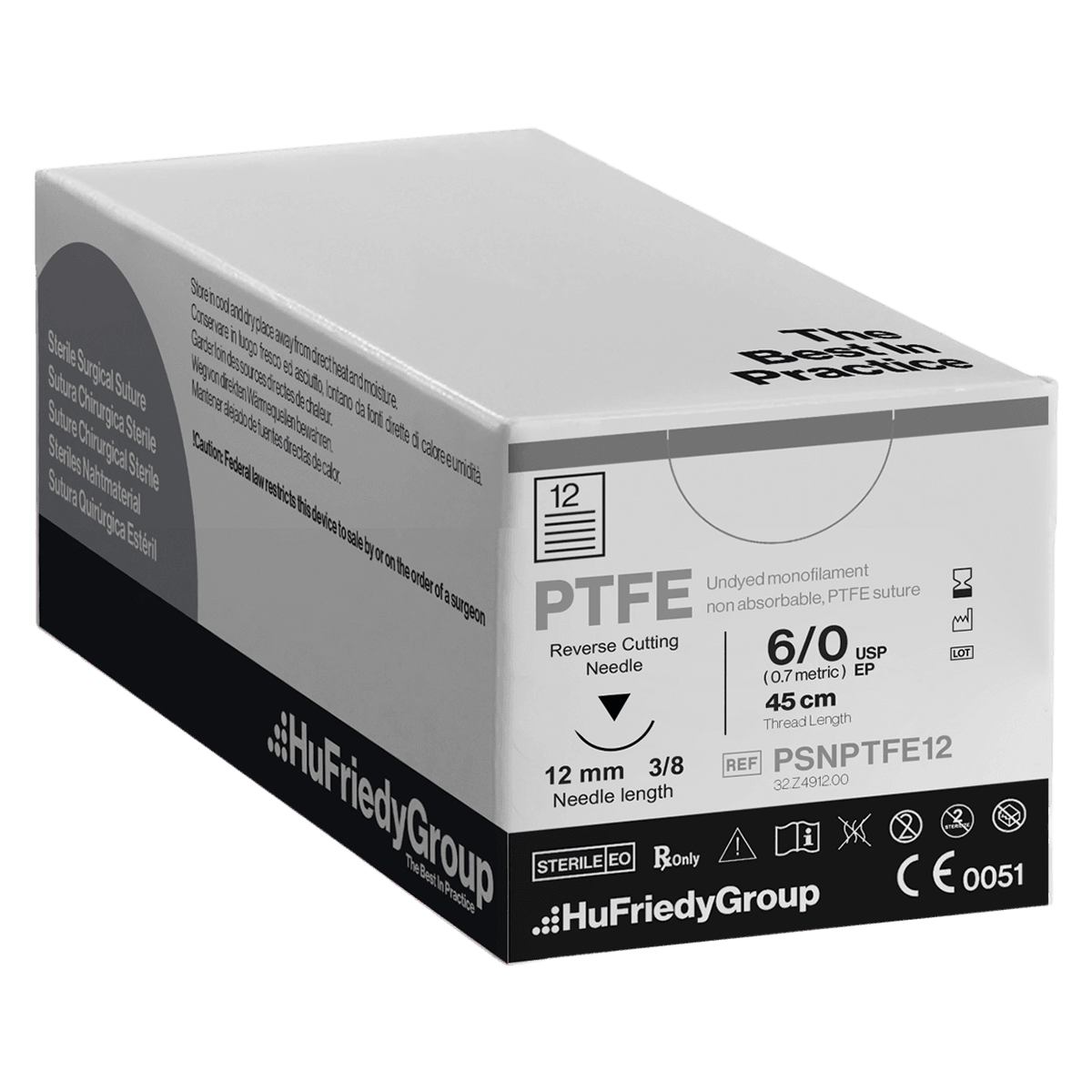 Hu-Friedy Perma Sharp PTFE Monofilament Suture, 6-0, White, 18" (45cm), C-17 3/8 Circle Reverse Cutting Needle, 12/Box, PSNPTFE12