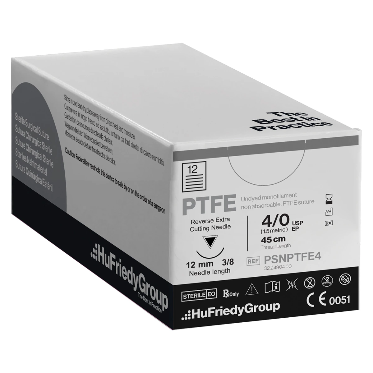 Hu-Friedy Perma Sharp PTFE Monofilament Suture, 4-0, White, 18" (45cm), C-3 3/8 Circle Premium Reverse Cutting Needle, 12/Box, PSNPTFE4