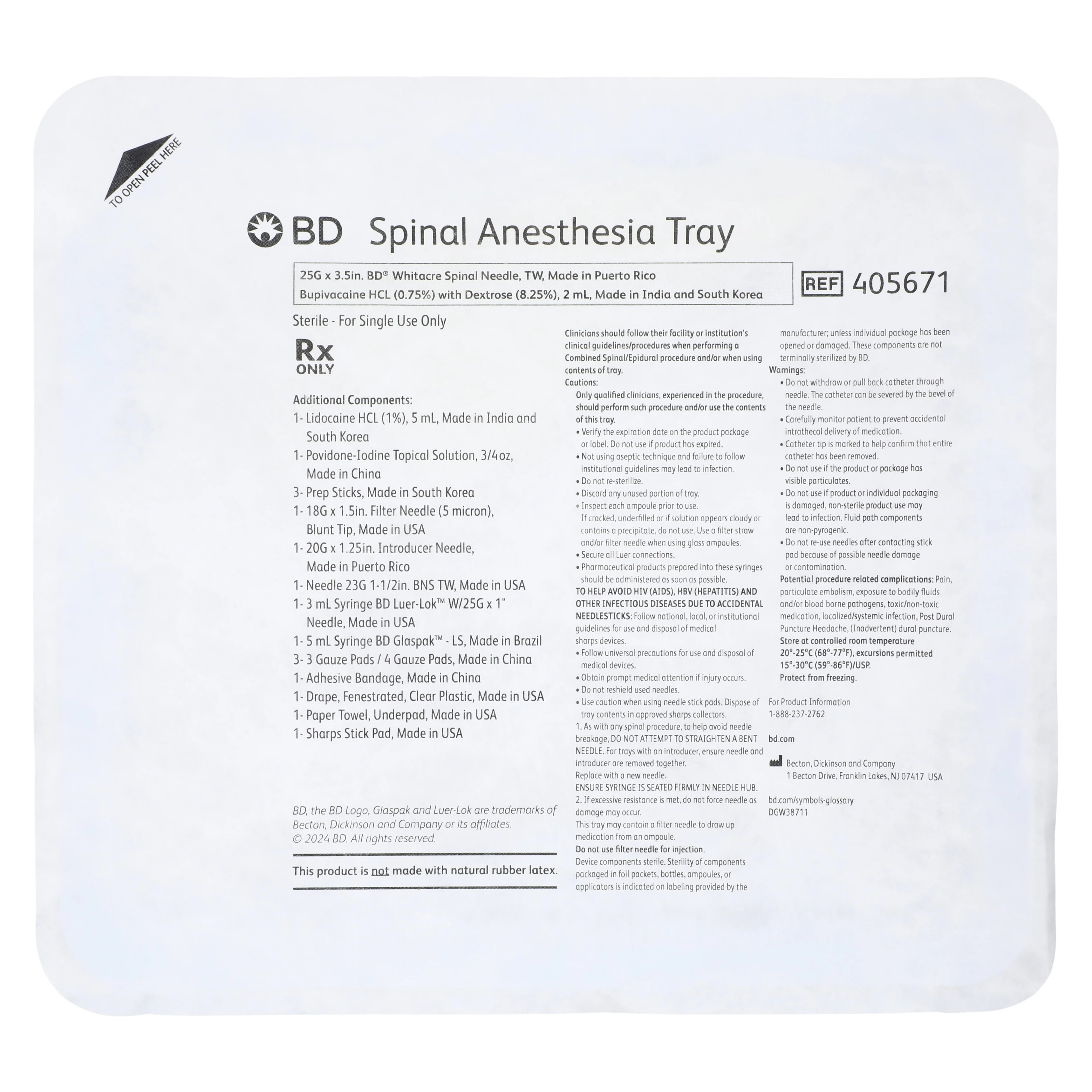 BD Whitacre Spinal Anesthesia Tray, 25G x 3.5" Needle