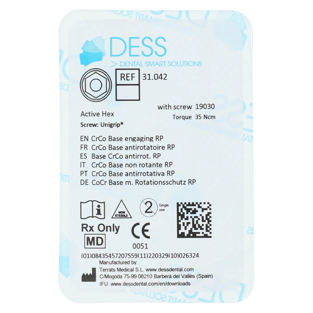 DESS Chrome Cobalt Engaging Base, RP + Screw, Hex Active, 4.3/5.0 Nobel Active, Each