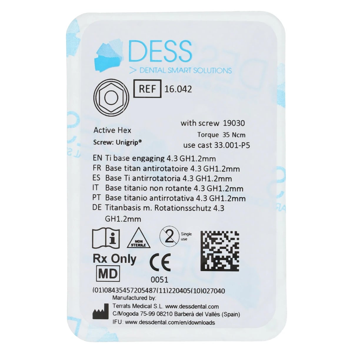 DESS TiBase Engaging RP GH1.2mm - Hex Active, Titanium Base for Nobel Active 4.3/5.0, 1 Each