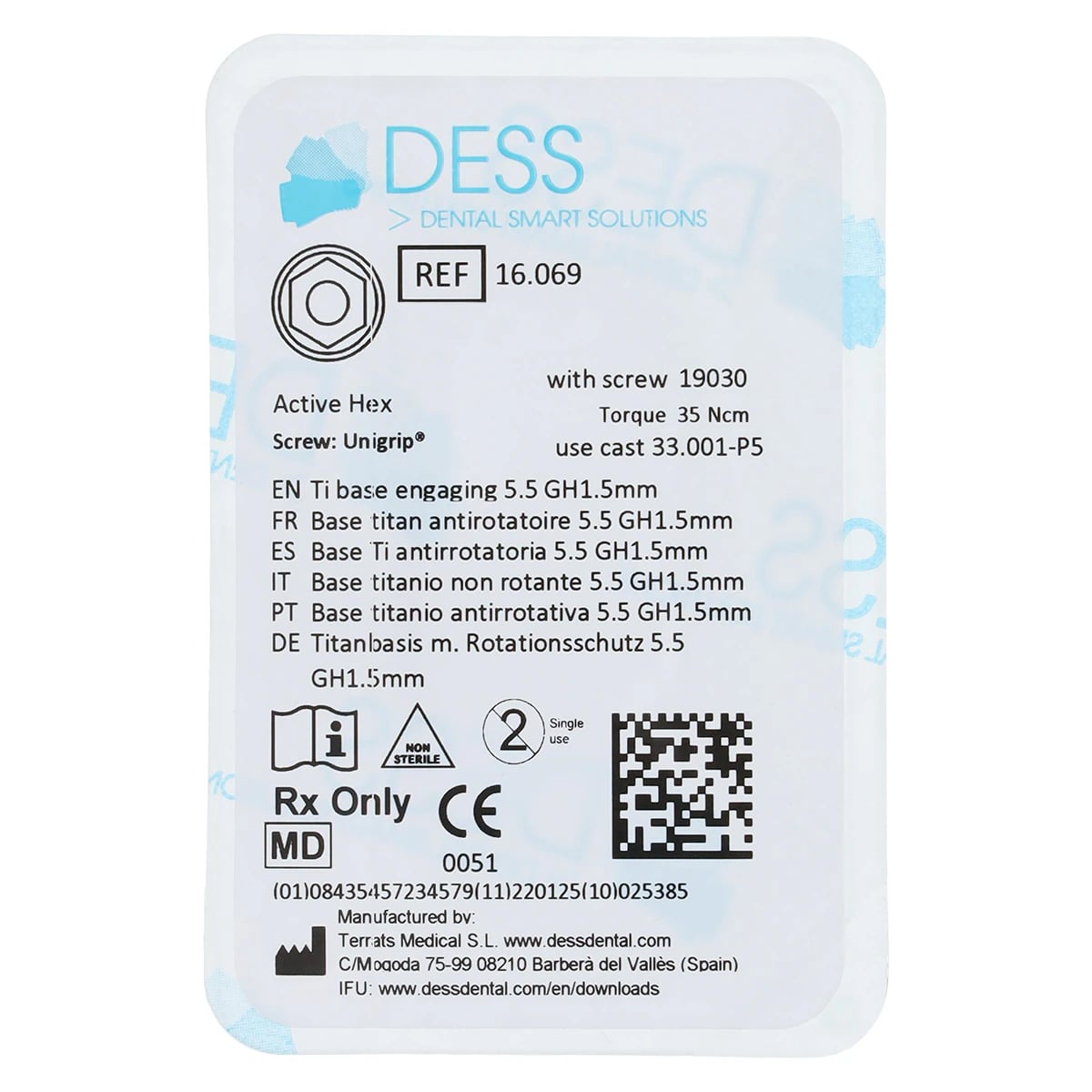 DESS TiBase Engaging Titanium Base for Nobel Active, 5.5mm, 1.5mm, Each