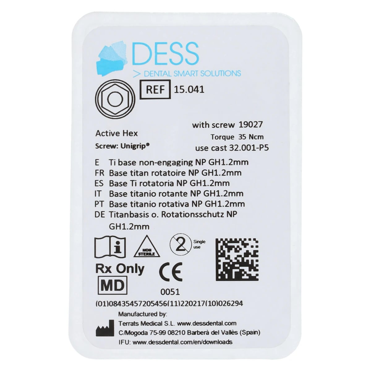 Dess TiBase Non-Engaging Titanium Base for Nobel Active, Narrow Platform (NP) 1.2mm, Each