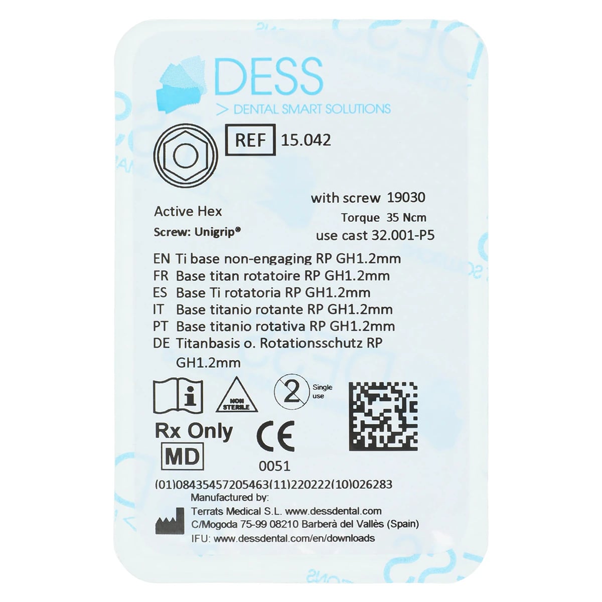 DESS TiBase Non-Engaging Titanium Base for Nobel Active, RP, 1.5mm Gingival Height, Hex, Each