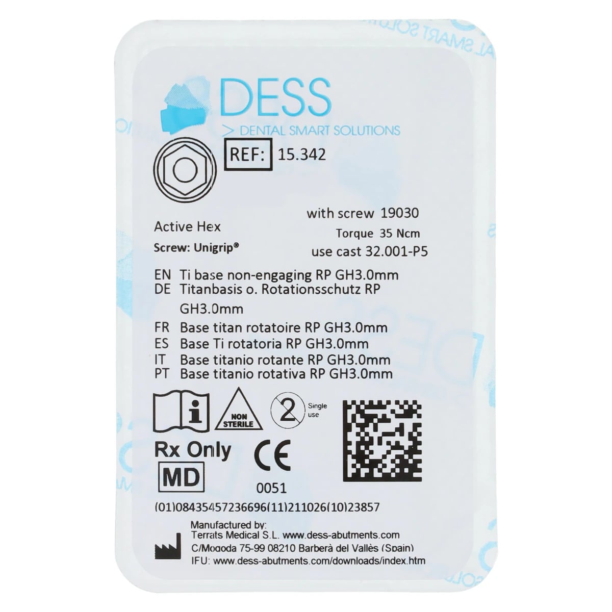 DESS TiBase Non-Engaging Titanium Base, RP 3.0mm Gingival Height, Nobel Active Compatible, Hex, Each