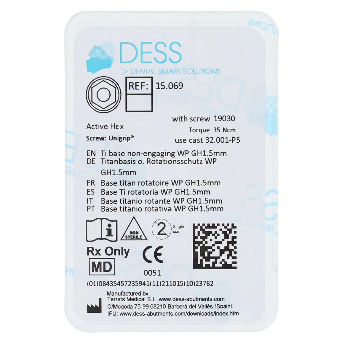 DESS TiBase Non-Engaging WP GH 1.5mm - Hex Active (Nobel Active Compatible)