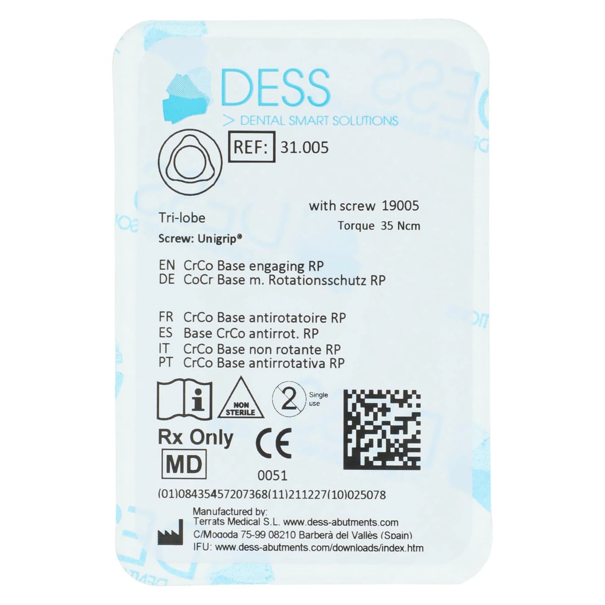 DESS Chrome Cobalt Engaging Base for Nobel Replace 4.3, RP + Trilobe Screw