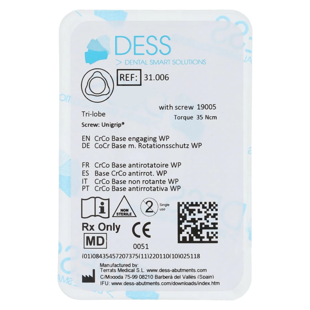 DESS Chrome Cobalt Engaging Base with Screw - Trilobe, for Nobel Replace 5.0, Each