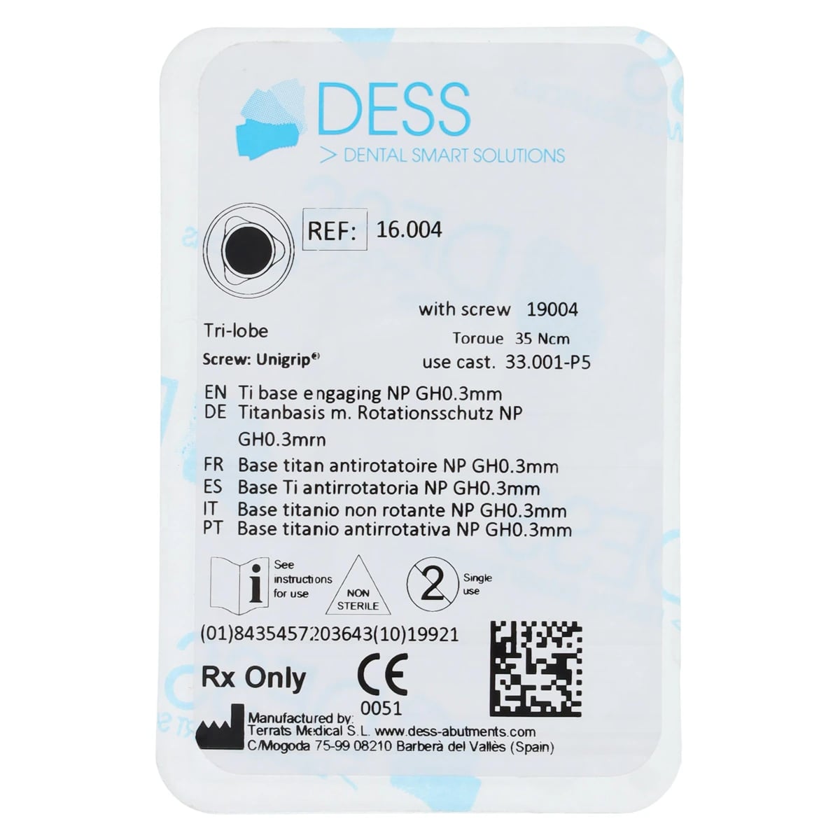Dess TiBase Engaging Titanium Base for Nobel Replace, 3.5mm, 0.5mm Collar, Each