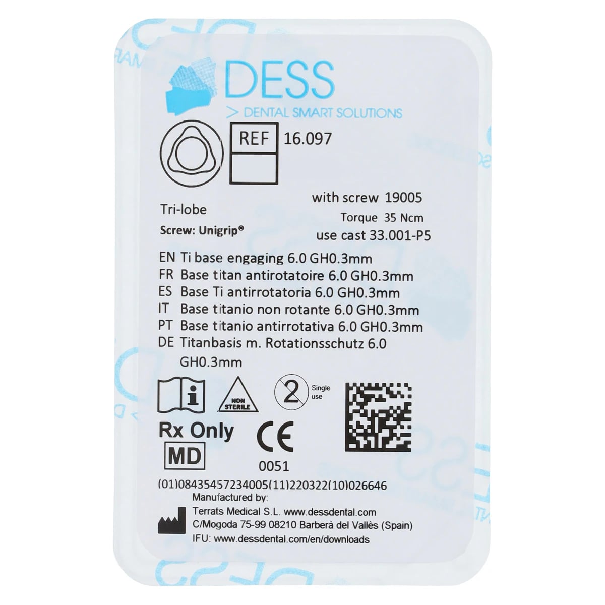 DESS TiBase Engaging Titanium Base for Nobel Replace 6.0, Trilobe, 0.3mm, Each