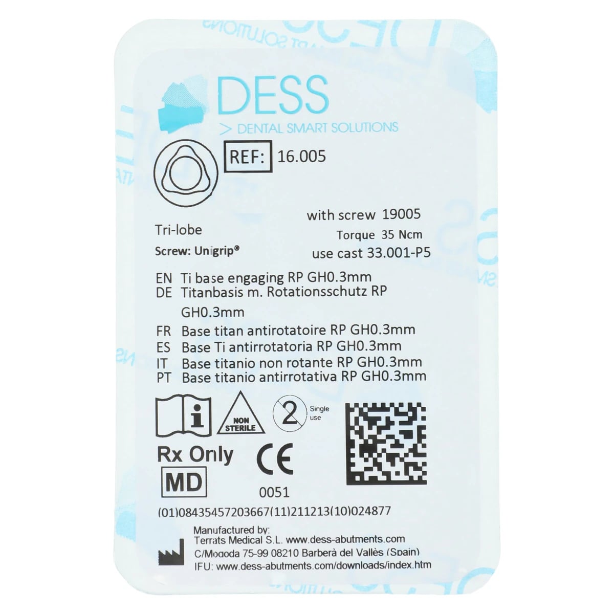 Dess TiBase Engaging Titanium Base for Nobel Replace, 4.3mm, 0.5mm, Each