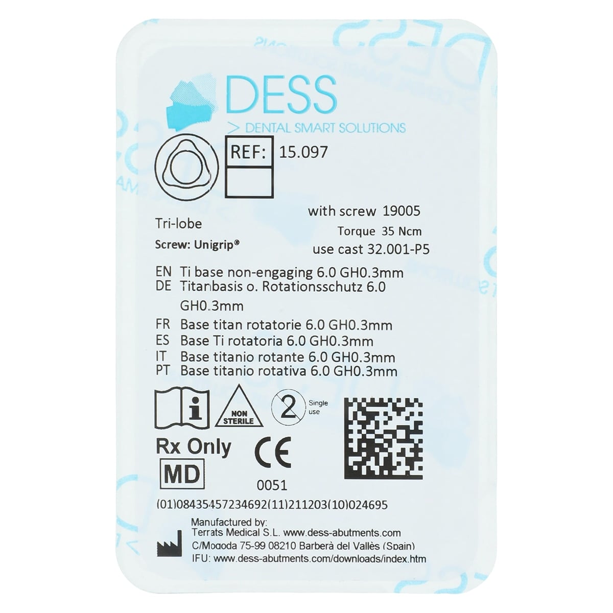DESS TiBase Non-Engaging Titanium Base for Nobel Replace, 6.0mm, 0.3mm, Trilobe, Each