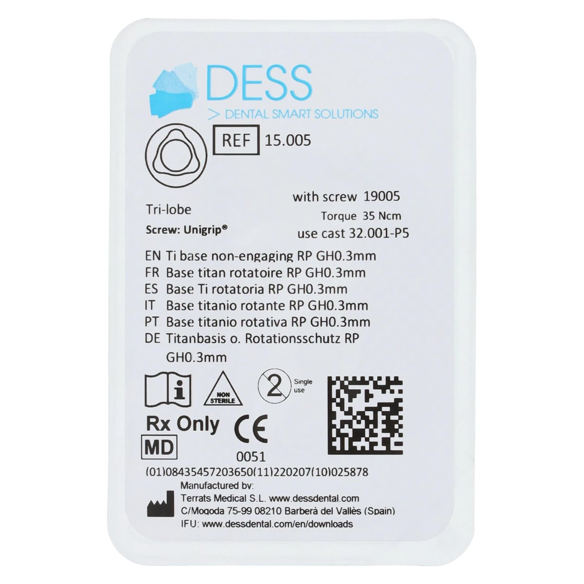 DESS TiBase Non-Engaging Titanium Base for Nobel Replace RP, 4.3mm, 0.5mm Gingival Height, Trilobe, Each