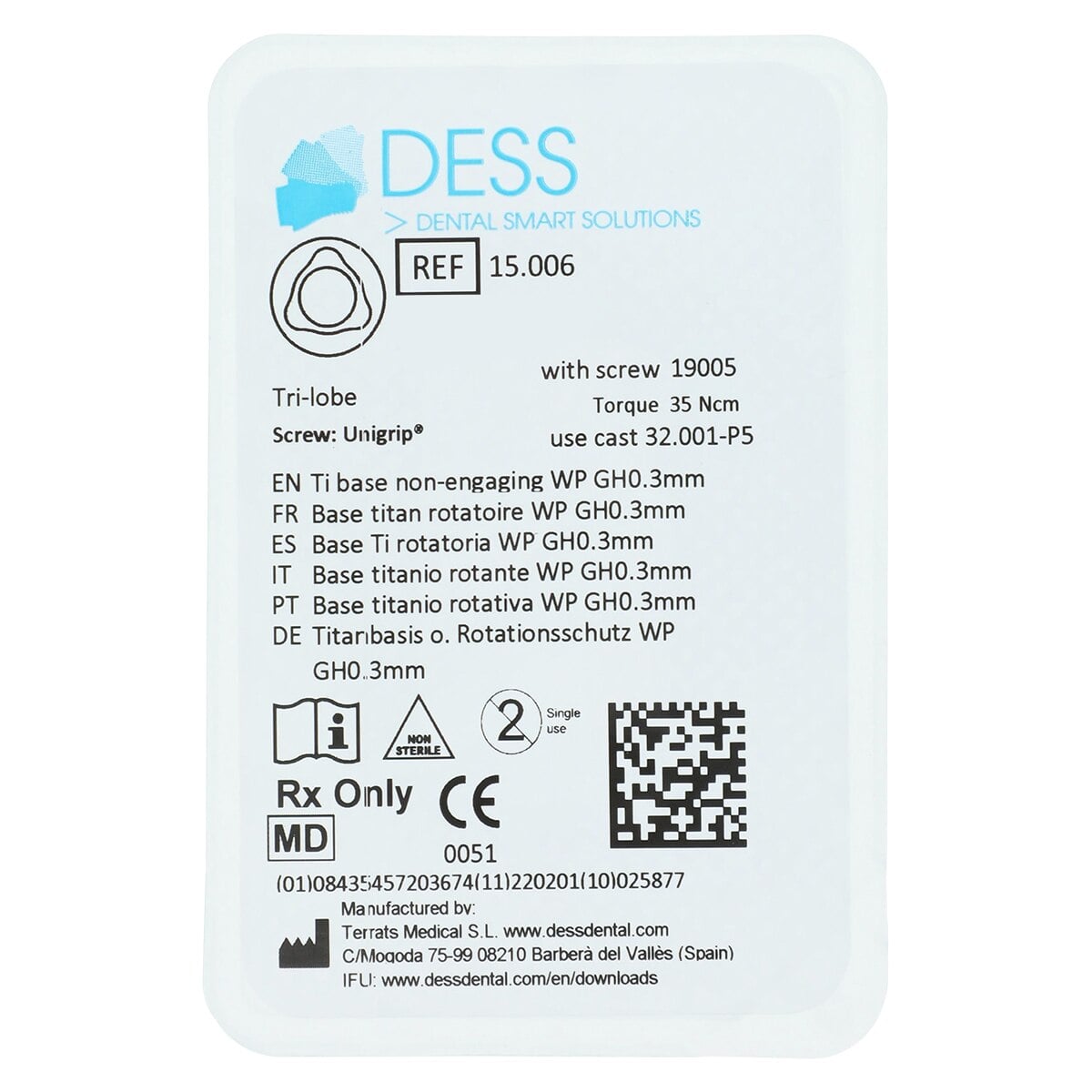 Dess TiBase Non-Engaging Titanium Base for Nobel Replace 5.0, 0.5mm, Each