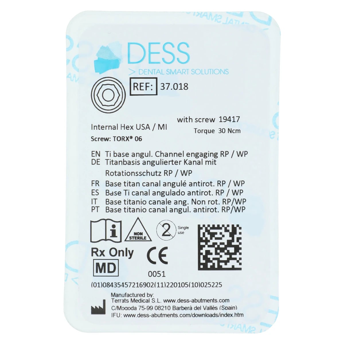 DESS ANGLEBase Titanium Engaging Abutment Base, 4.5mm, Zimmer Internal Hex, Each