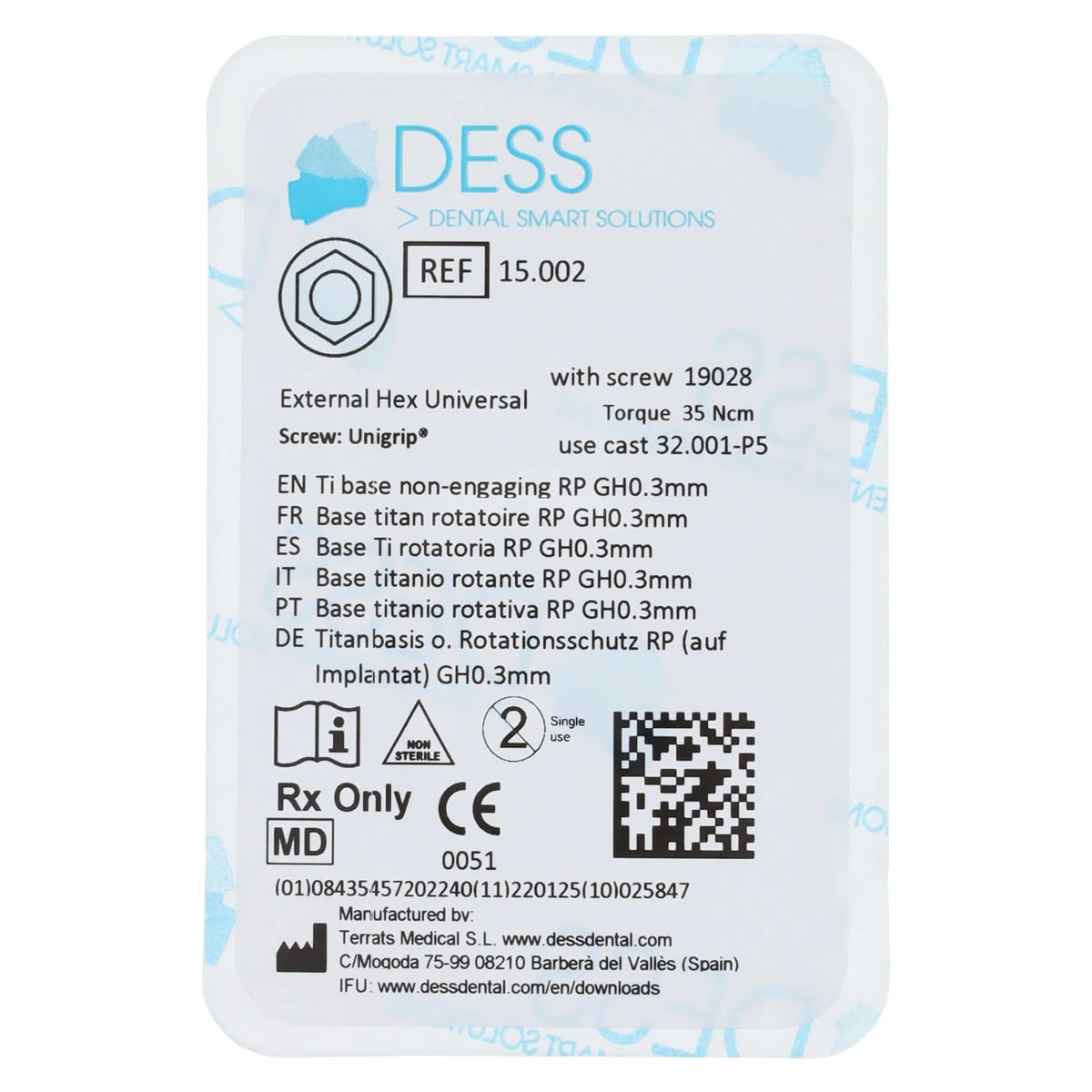 DESS TiBase Non-Engaging Titanium Base, RP 0.3mm, External Hex Universal, for Nobel Biocare Branemark, 1 Each