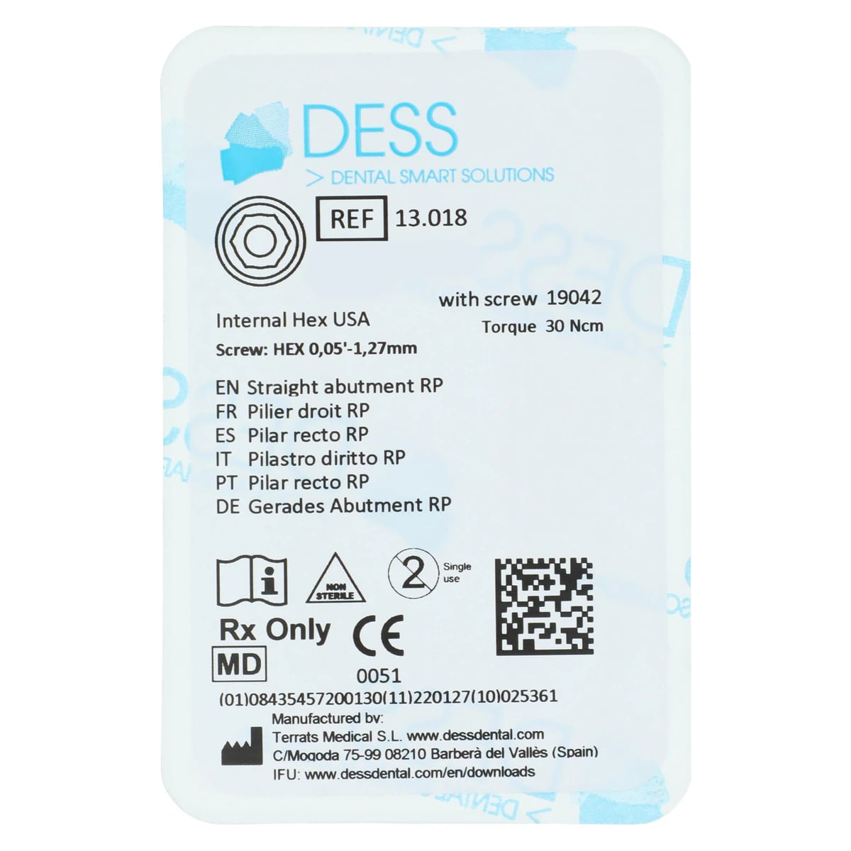 DESS Straight Abutment RP - Internal Hex, Zimmer 4.5, Each