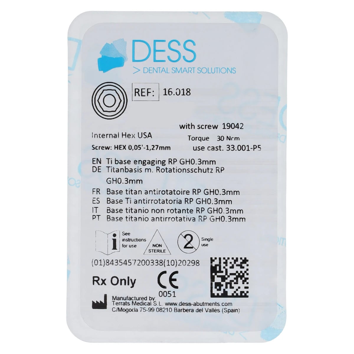 DESS TiBase Engaging Titanium Base, Zimmer Internal Hex, 4.5mm, 0.3mm Gingival Height, RP, Each