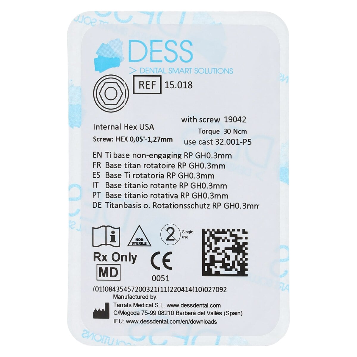 DESS TiBase Non-Engaging Titanium Base, Zimmer Internal Hex, 4.5mm, 0.3mm Collar Height, RP, GH0.3mm