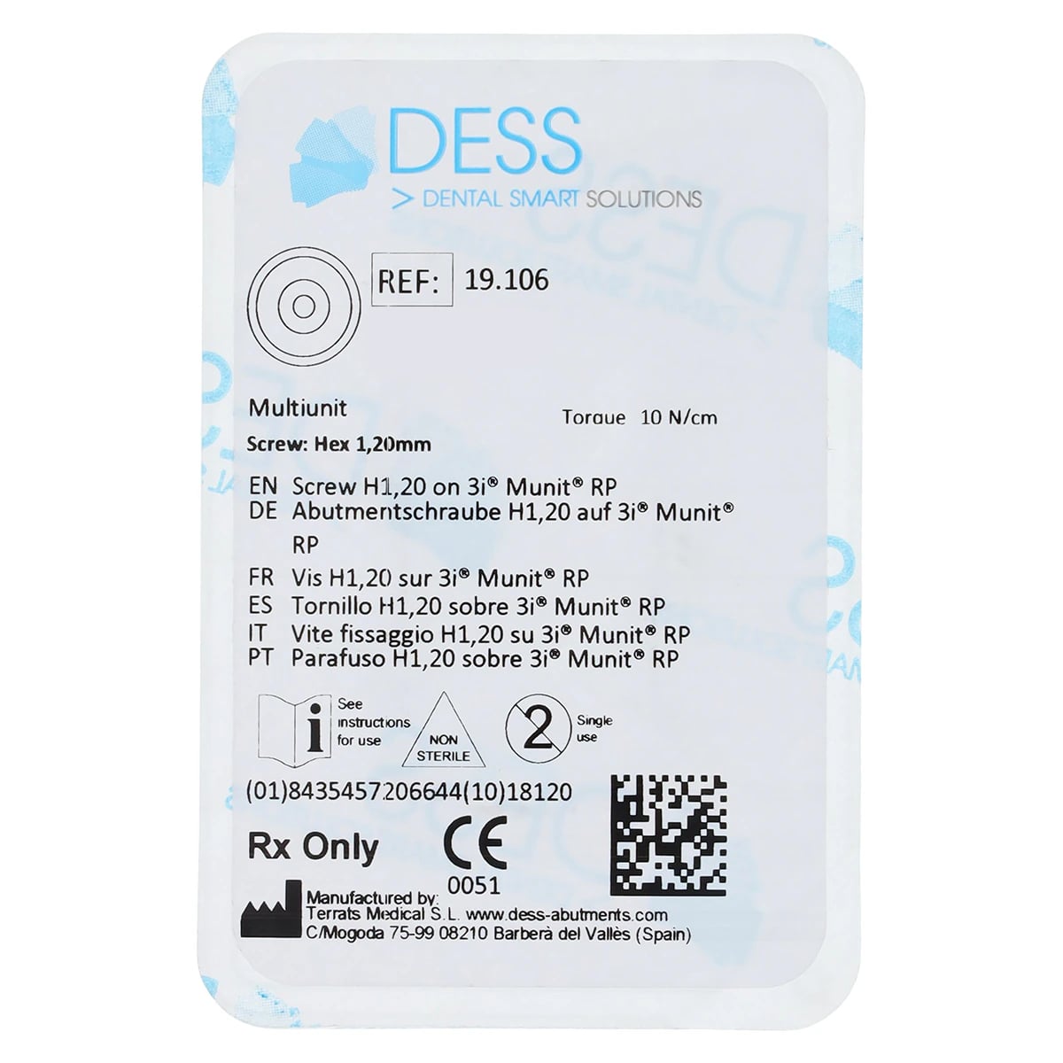 DESS Final Screw for 3i Multi-Unit Abutment, Low Profile, Hex 1.20mm, RP, Each