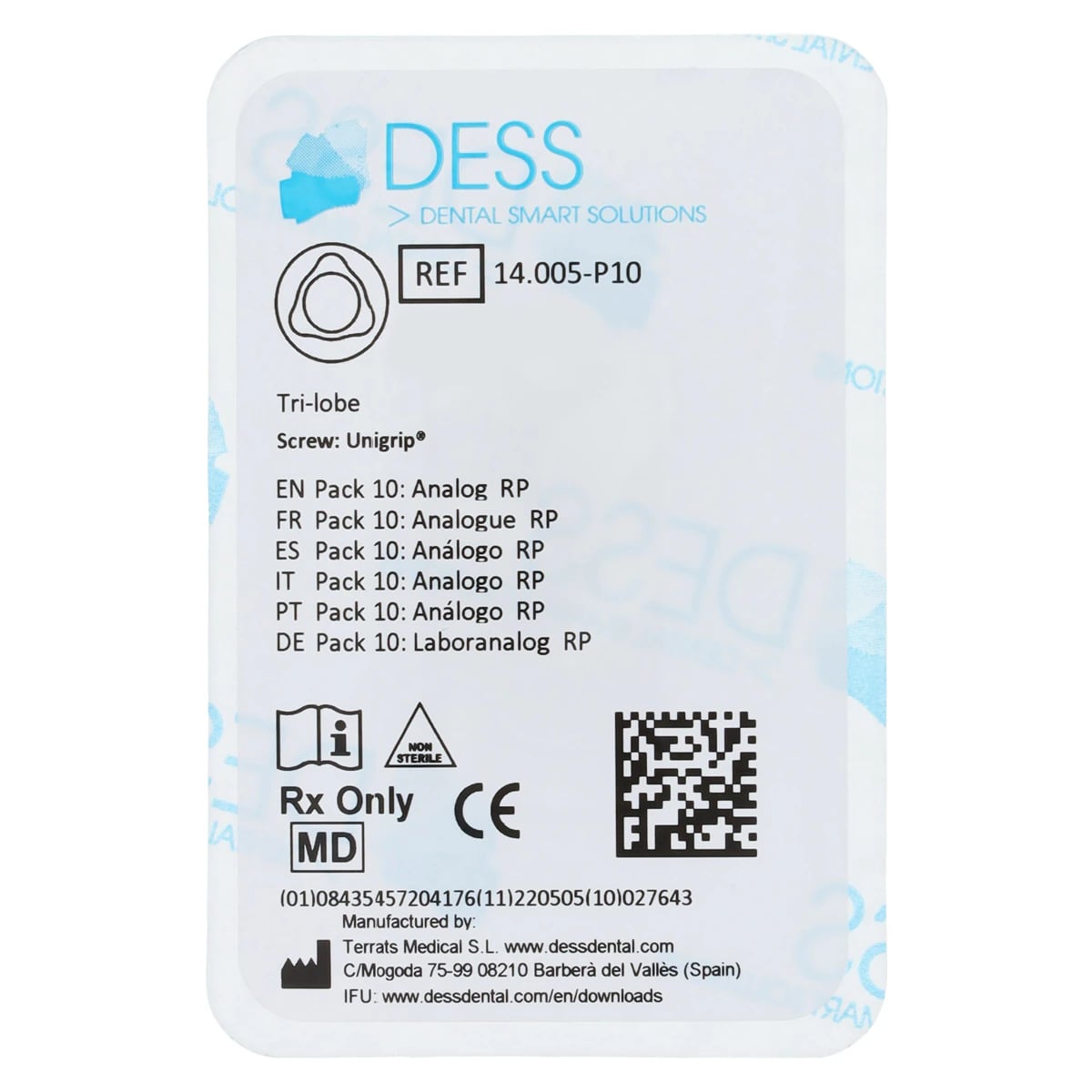 DESS Analog RP/4.3 Trilobe Anodized Yellow, Titanium Lab Analog, 10/Pack