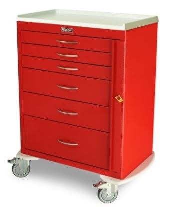 Harloff M-Series Emergency Crash Cart, Breakaway Lock, Red, 22x36.75x43.75", 5" Caster, 6 Drawer