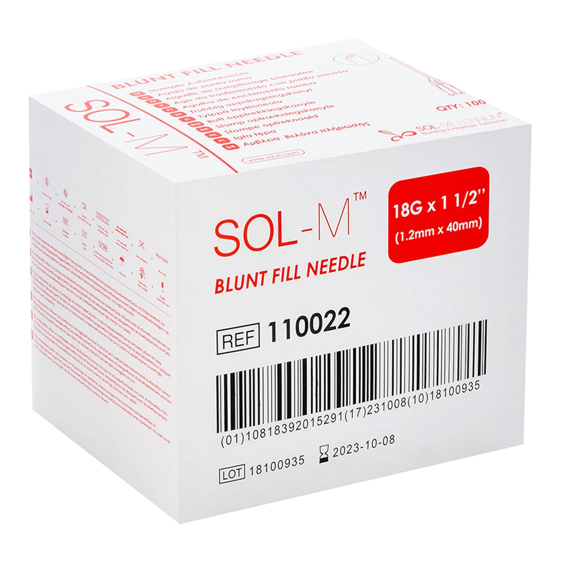 Sol-Millennium Medical Blunt Fill Needle, 18G x 1-1/2", No Filter, 100/Box